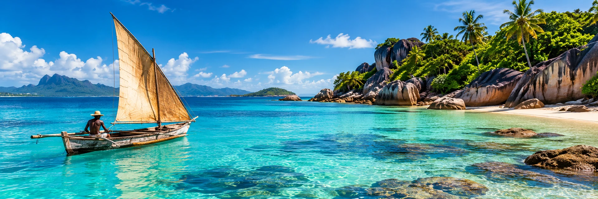 Lagon turquoise et voilier traditionnel sur une côte tropicale
