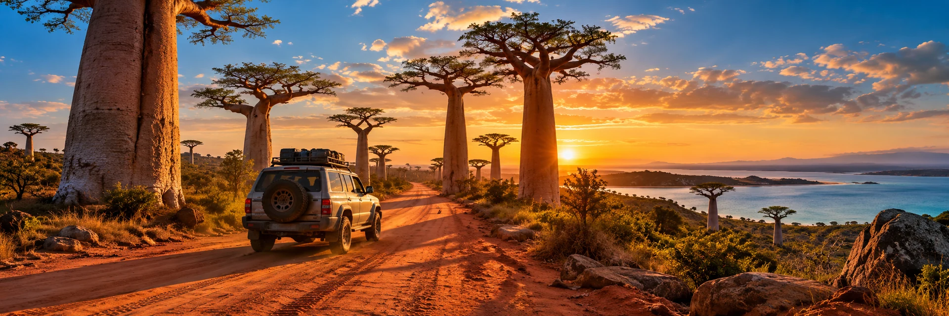 Véhicule de voyage sur une route bordée de baobabs